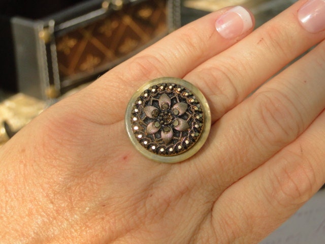 Metallic Bronze Glass on Shell Button Ring R 416