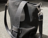 Medium Black Leather Tote Bag with Genuine Ostrich hide closure and huge hardware -  Limited Edition -
