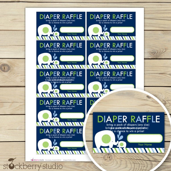 Navy Blue and Green Elephant Baby Shower Diaper Raffle Ticket - Instant Download Il_170x135