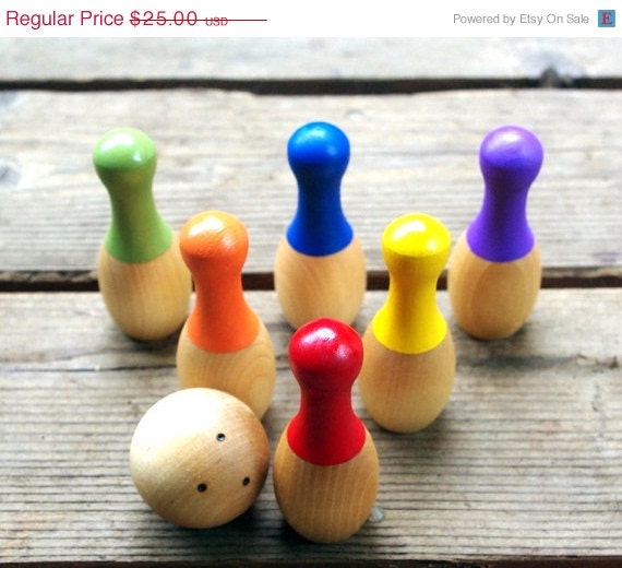 SALE Wooden Bowling Game, Waldorf Toy, RAINBOW Colors Skittles Game