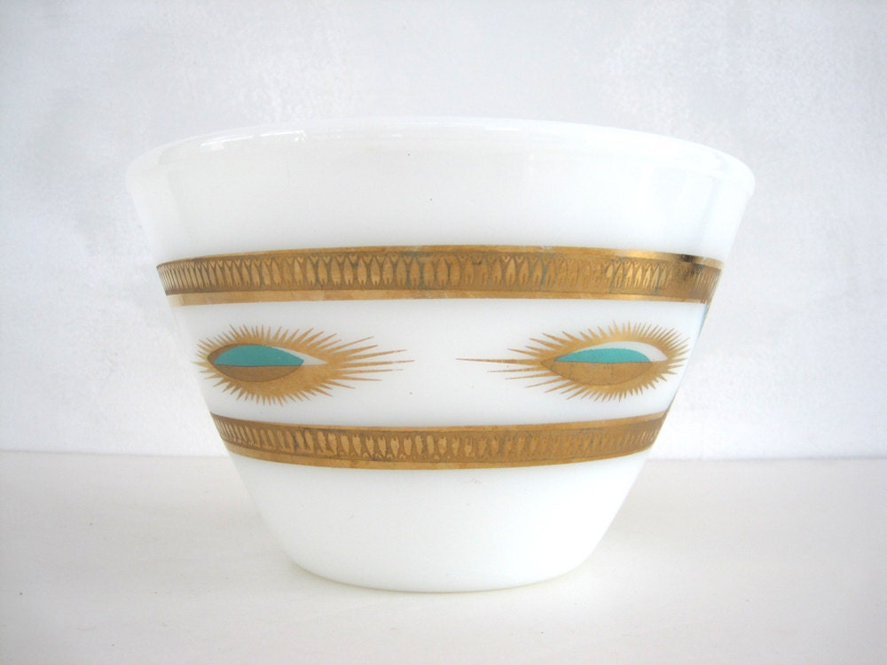 Mid Century Bowl Mixing Spill Proof Fire King Fred Press Aqua Gold 1950s