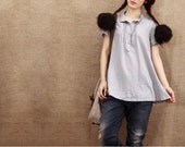 A little bit/women clothing/women shirt/pleated/linen/blouse/short sleeves/plus size/petite/3 colors/custom made
