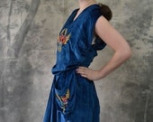 Edwardian Blue Velvet Silk Dress Fur Collar