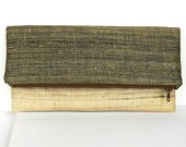 Raw Silk Fabric Fold over clutch in brown and gold,  clutch purse