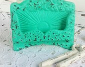 Business Card Holder-Rustic Wedding Decor- Vintage Inspired -Shabby Chic Cream-Peppermint Beach Glass-Metal Decor-French Decor-Small Bird