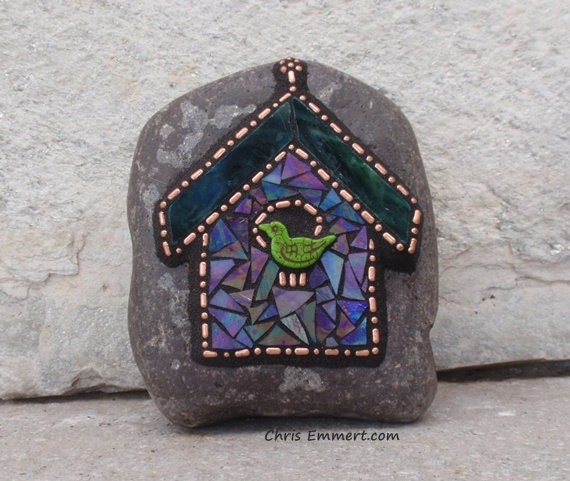 Mosaic Bird House Garden Stone in Copper, Blue and Green