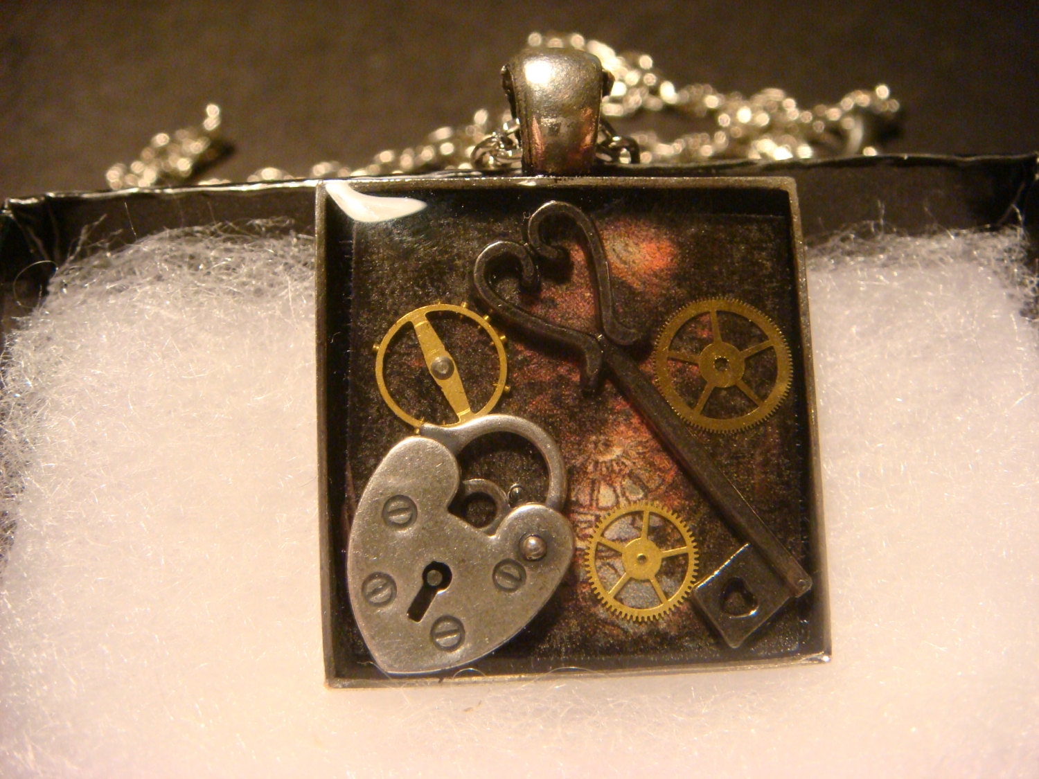 Steampunk Pendant Necklace with a Heart Lock, Key and Gears (996)