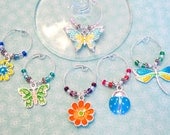 Flower & Bug Wine Charms - Set of 6 Silver Plated Flower and Dragonfly Wine Glass Charms