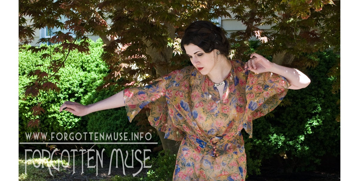 30s - Persephone  - peach taupe two piece floral gown and flutter jacket - size M L