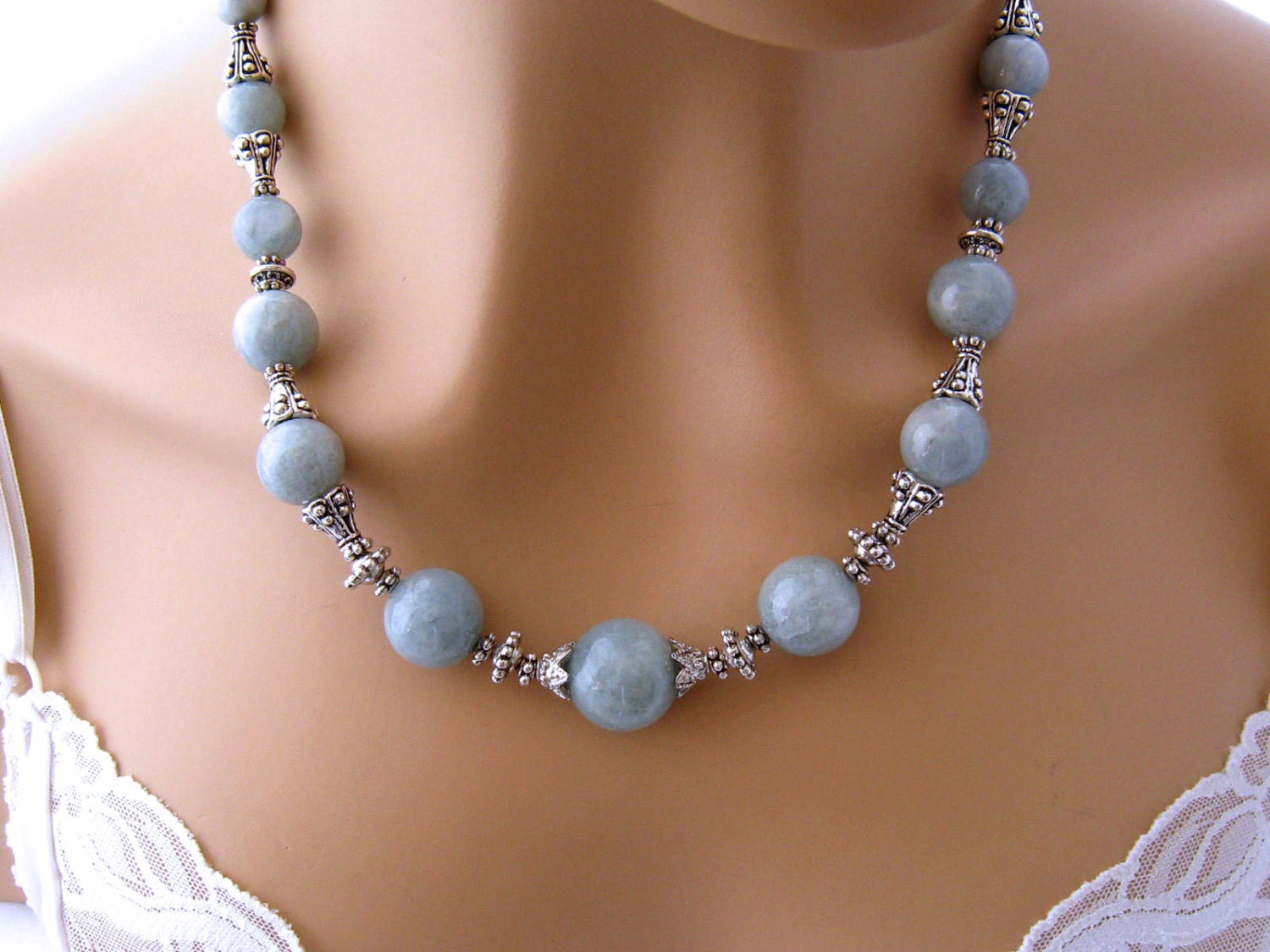 Light Blue Necklace, Light Blue Stone Necklace, Graduated Blue Necklace, Angelite Necklace, Aqua Blue, Silver