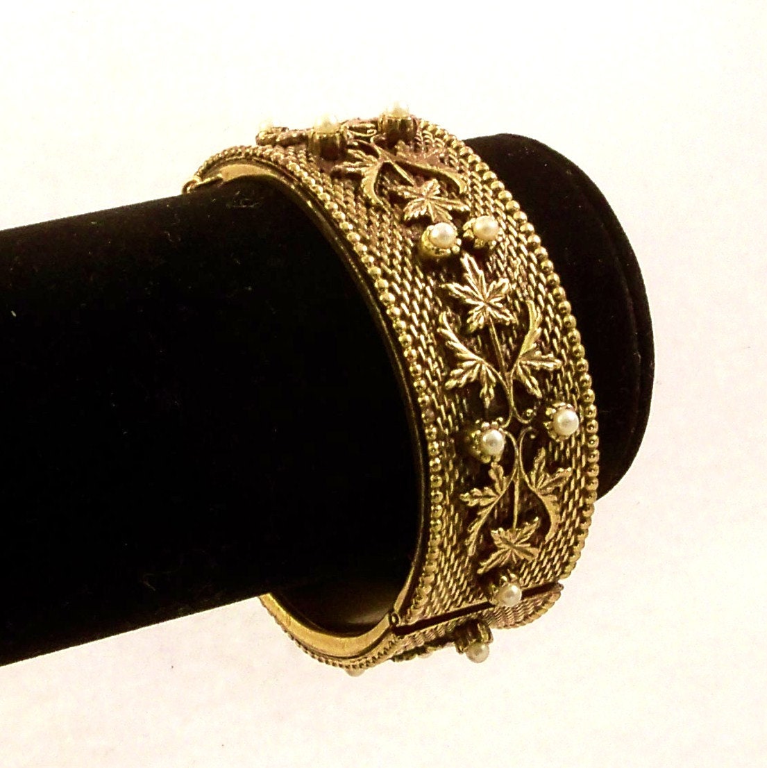 Vintage 1960s Bangle Bracelet Bronze Gold Pearls Leaves