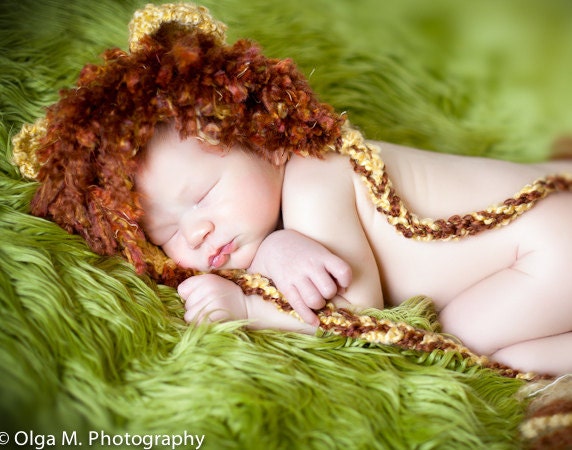 READY to SHIP LION Baby newborn yellow earflap hat. Great for photo prop.