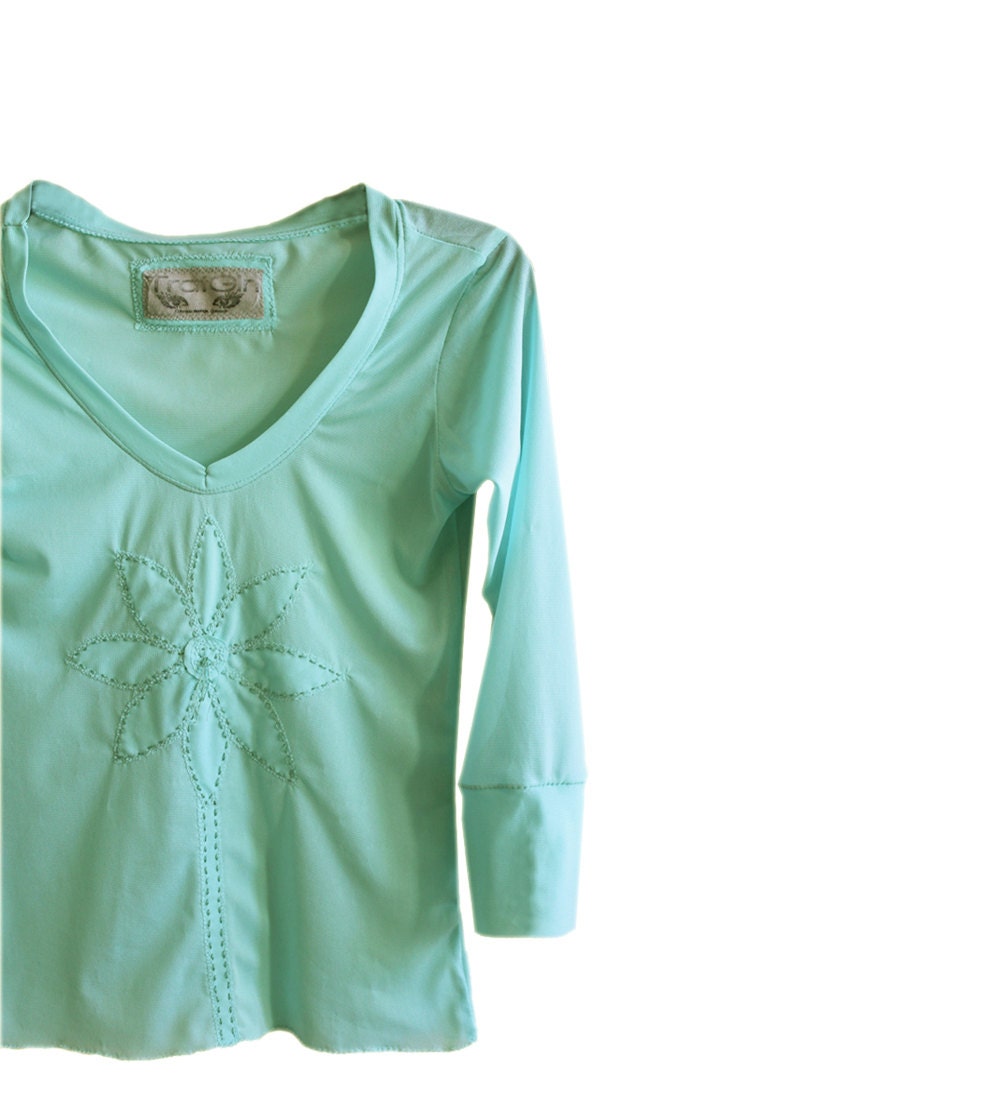 Womens top blue sunflower applique mesh long sleeve by tratgirl