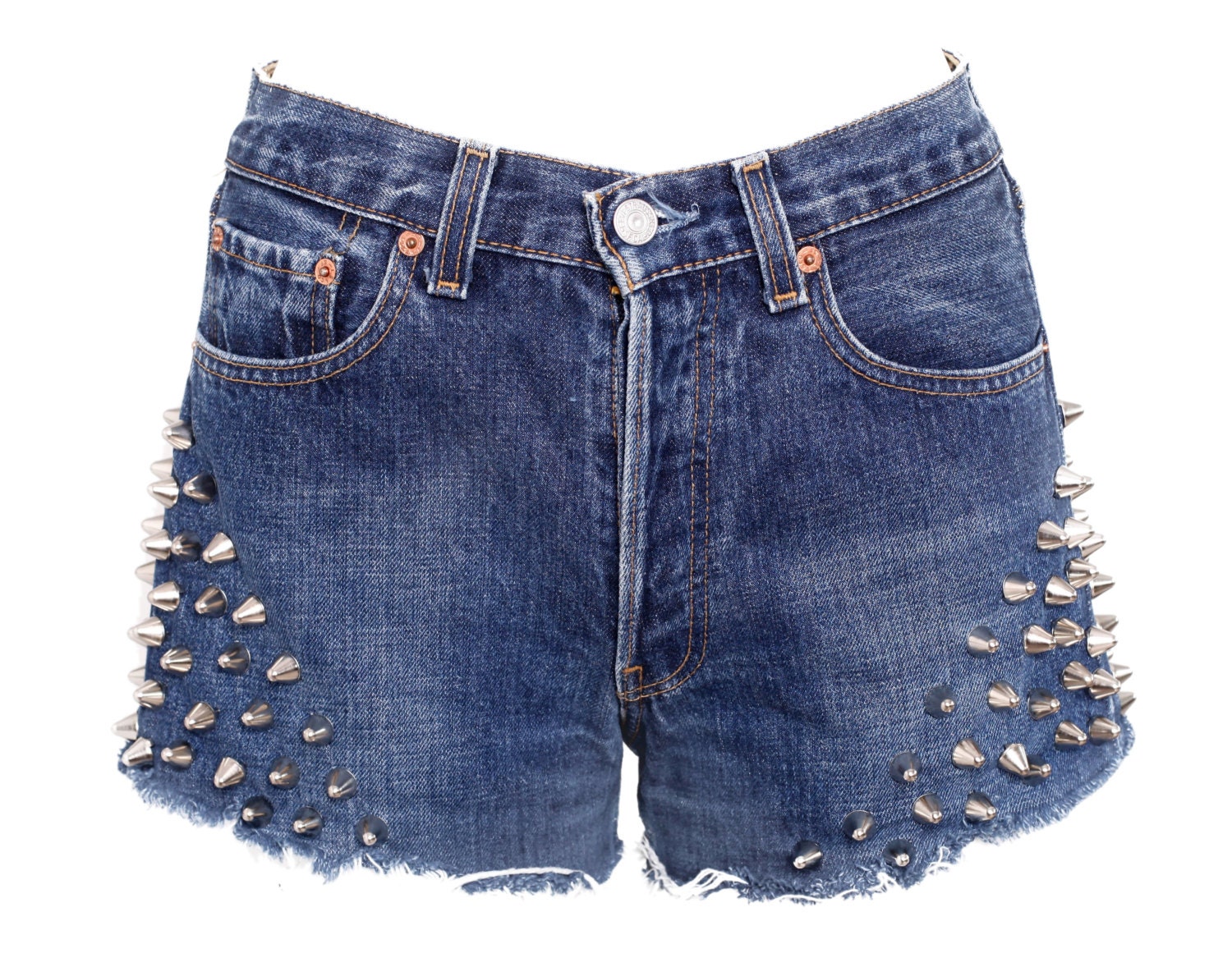 QUEENS dark blue round studded  high waisted  vintage levis cut offs  FREE SHIPPING