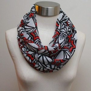 Infinity Scarf Grey Tangerine and Black Star Print Soft Chiffon