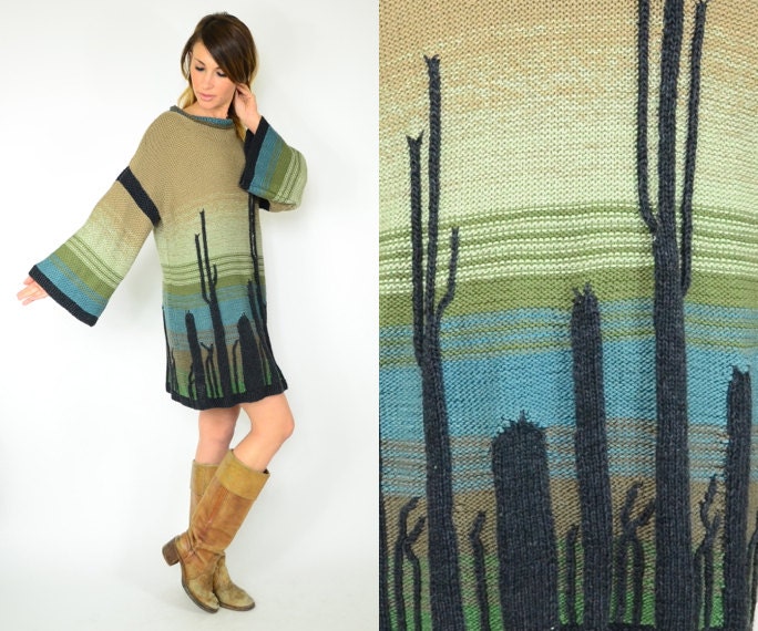 southwestern desert OMBRE cactus SAGUARO bohemian bell sleeve SWEATER dress, extra small-medium