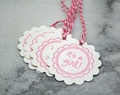 Baby shower favor tags, 25, with hand-stamped message.  Sweet pink "It's a Girl" with pink baker's twine.