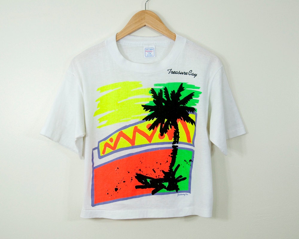 80s Vintage Neon Miami Palm Tree Crop Tee (S, M)