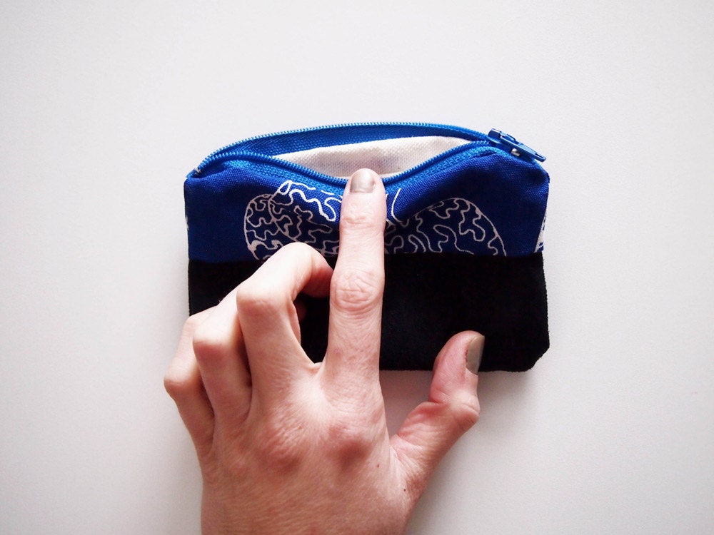 SALE coin holder Mini wallet Two-tone zipper pouch  Black faux suede and royal blue canvas