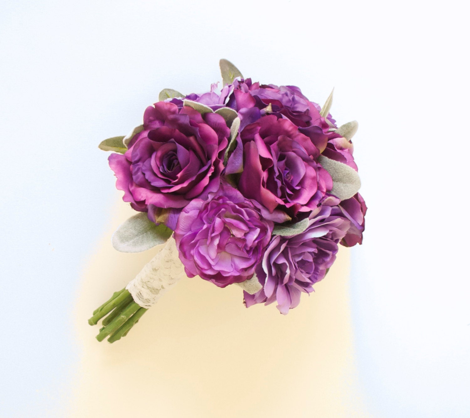 Garden Rose and Peony Purple Bouquet (Silk Bouquet, Artificial Bouquet) Silvery-Green Leaves, Lamb's Ear Leaves