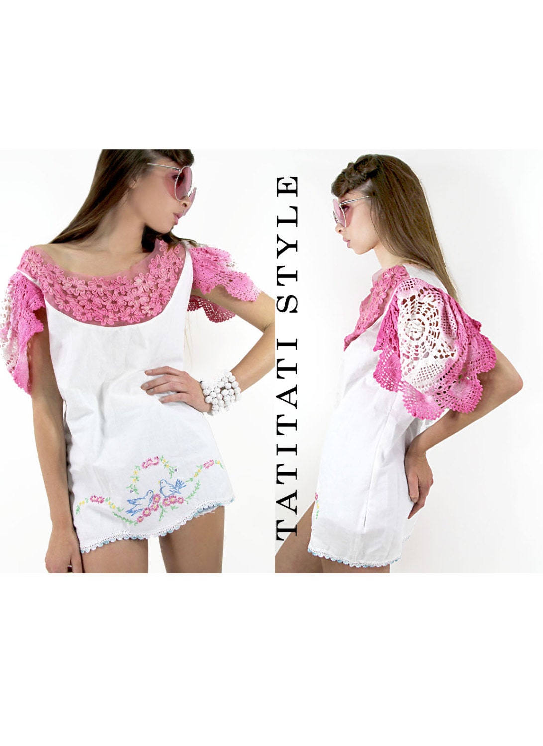 Handmade BIRDS CROCHET Dress Off the Shoulder Embroidery Ombre Floral Ultra Mini - Repurposed Clothing by TatiTati Style on Etsy