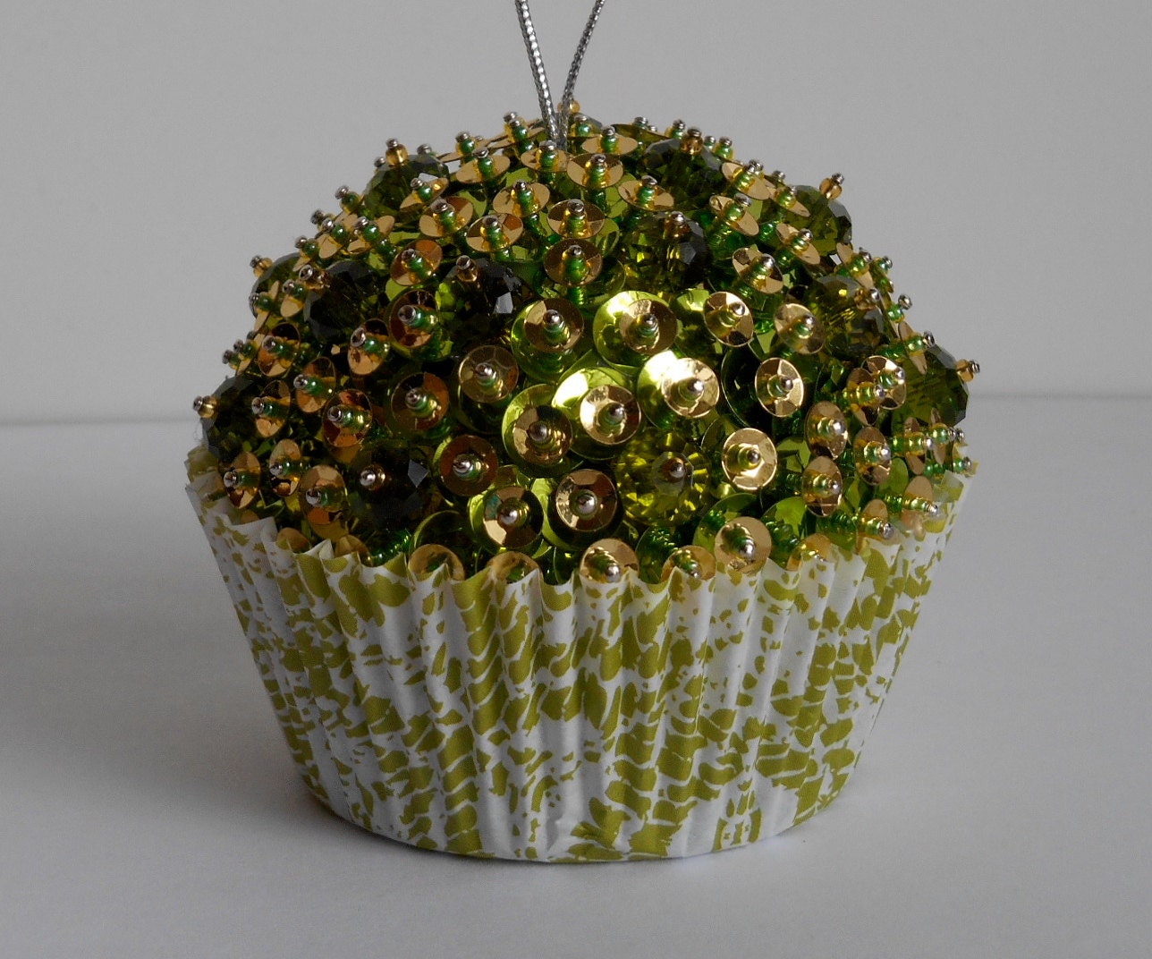 Green and Gold Holiday Sequin Christmas Beaded Cupcake Ornament