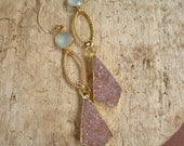 Linear Druzy Earrings Drusy Quartz Sea Green Chalcedony Gold Vermeil Links