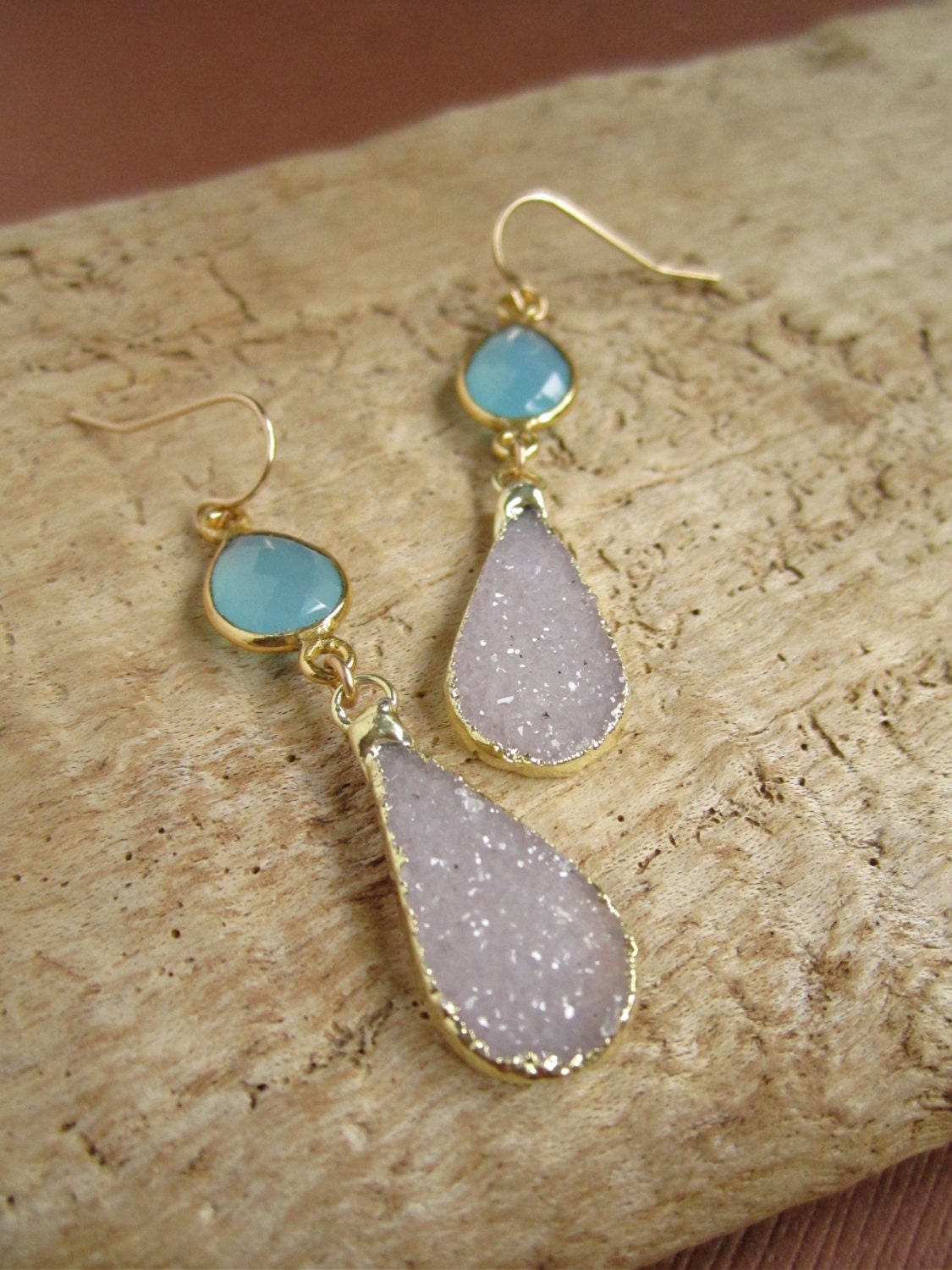 Druzy Earrings - Druzy - Drusy Quartz - Amethyst Druzy - Aqua Chalcedony - Gold Vemeil Bezel Set