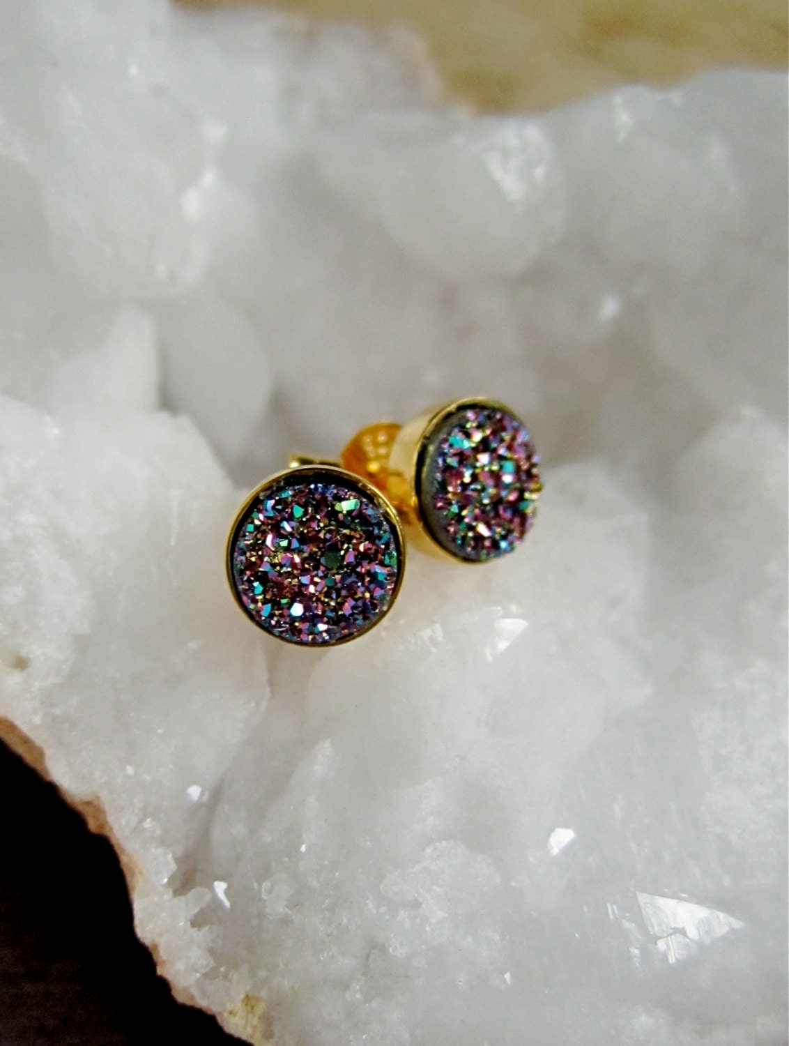 Tiny Druzy Earrings Peacock Drusy Quartz Studs Gold Vermeil Bezel Set