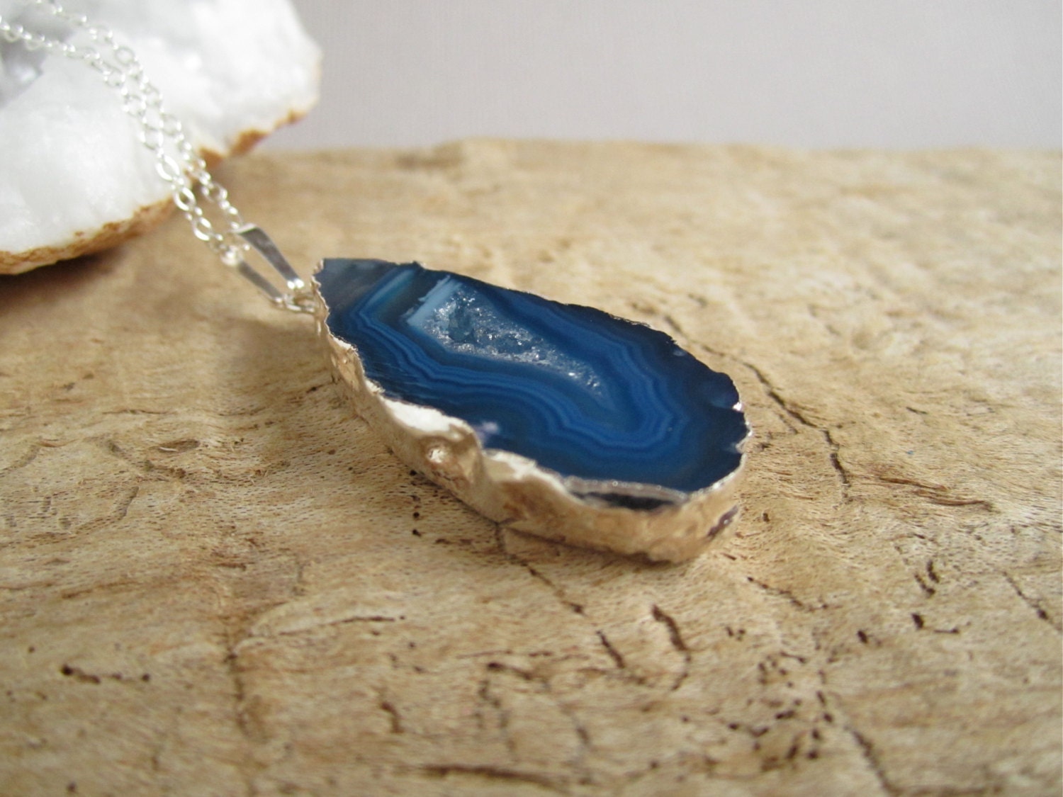 Blue Agate Geode Necklace Druzy Drusy Quartz Center Sterling