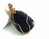 Galaxy copper pendant, blue goldstone necklace, blue glittery stone jewelry