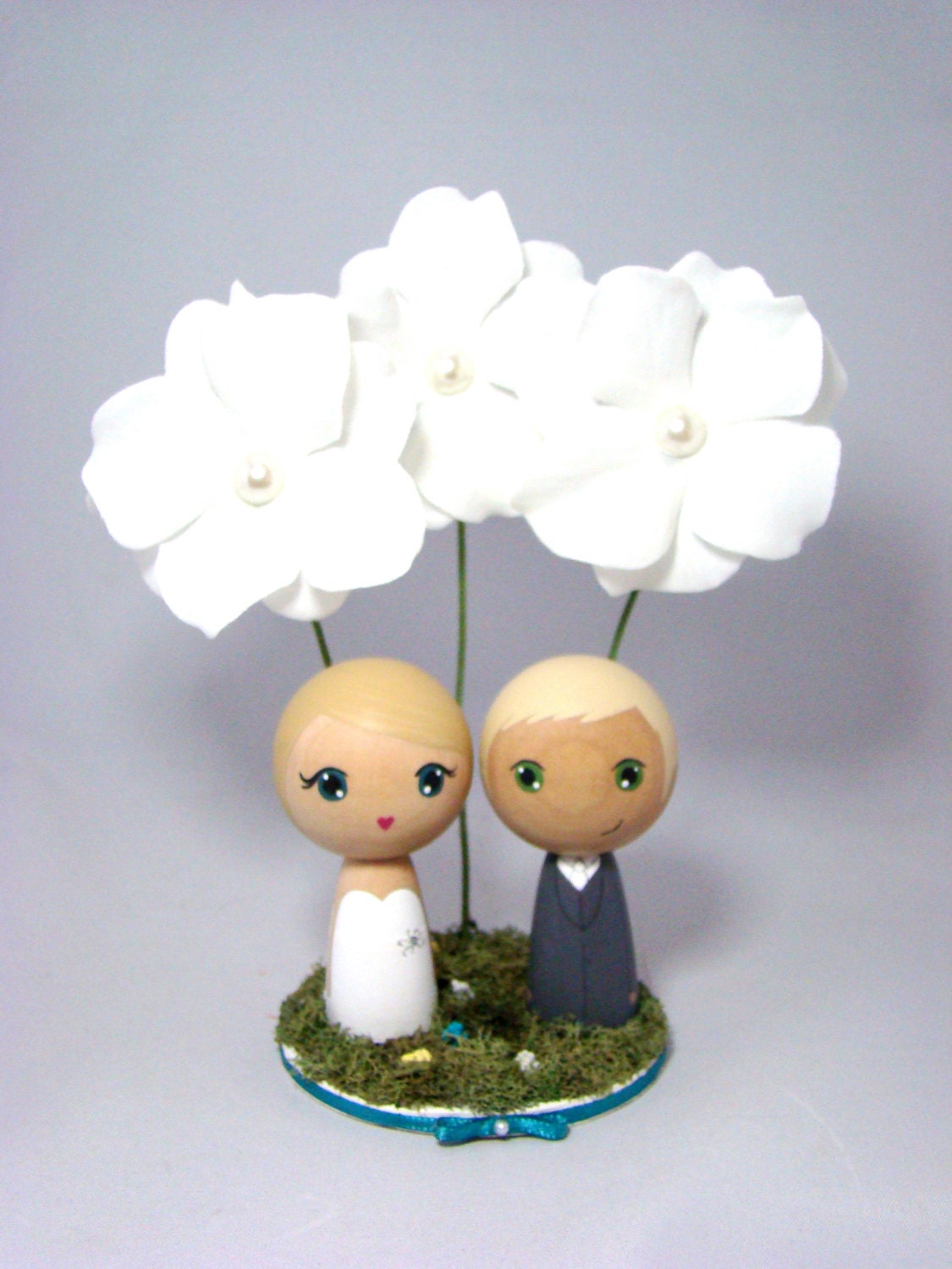 Custom Mini Kokeshi Doll Large Flower Wedding Cake Toppers with Base