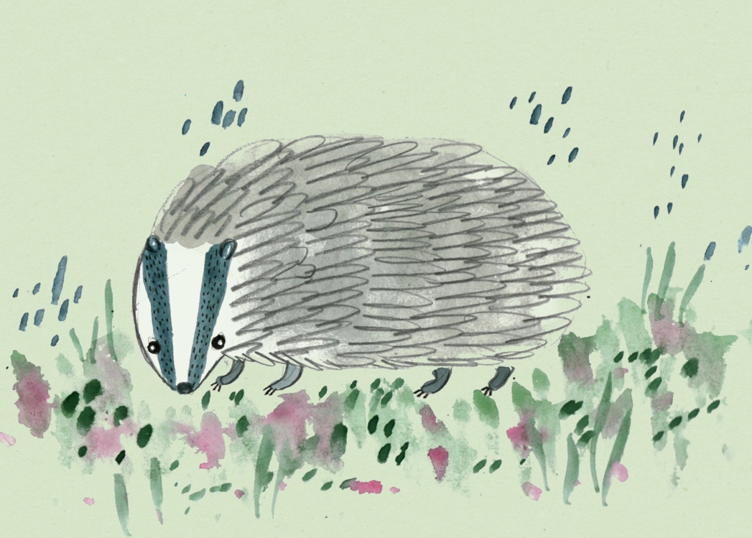 Badger and Flowers - Cute Blank Art Greetings Card