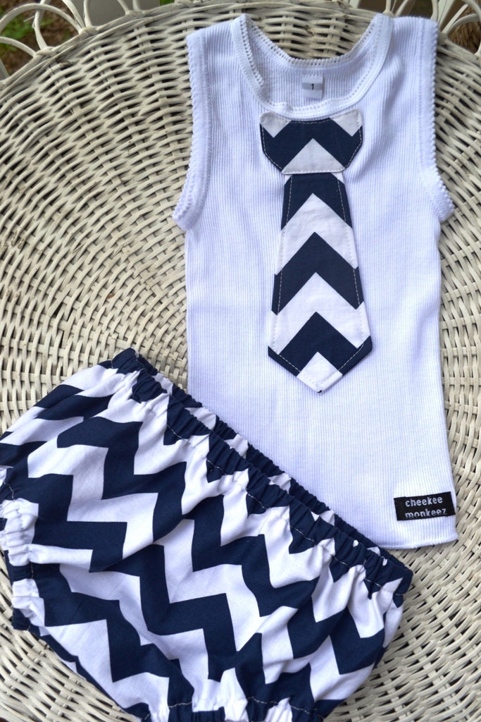 Baby Boy Tie Singlet Onesie Nappy Cover Set In Navy Chevron