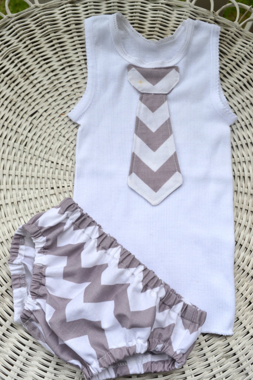 Baby Boy Tie Singlet Onesie Nappy Cover Set In Grey Chevron