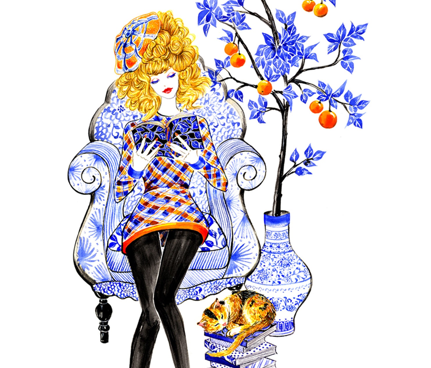 Girl Reading with Cat- Watercolor Fashion illustration