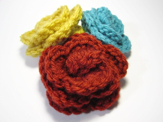 Set of 3 - Crocheted Flower Hair Clips - Any Color