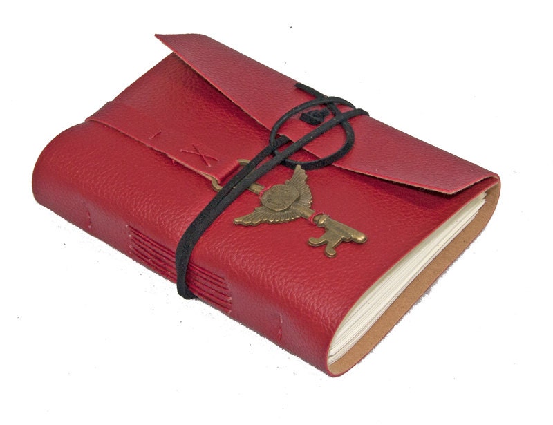 Red Vegan Faux Leather Journal with Winged Clock Key Bookmark