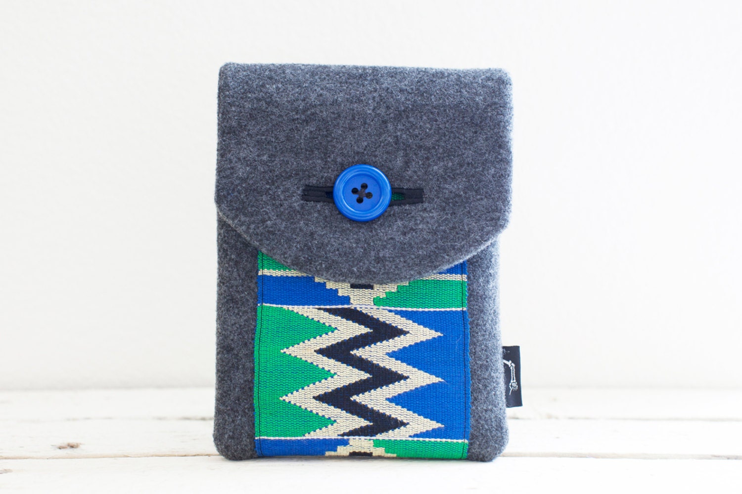 iPad Mini Case, iPad Mini Sleeve, iPad Mini Cover Kente - "Kente ZigZag" Padded with Pocket - Grey Eco Wool Blue