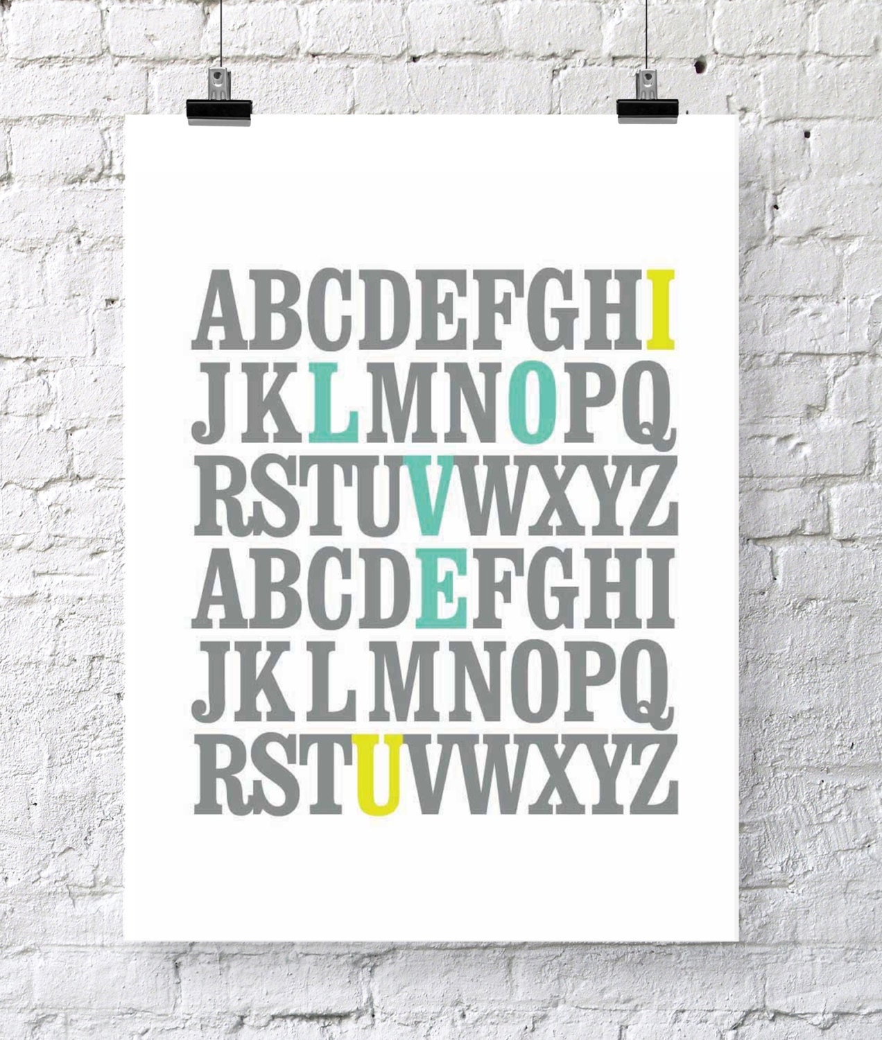 18x24 ABC Print. I love you. Alphabet Love. Typography Print. Seafoam and Yellow - 100