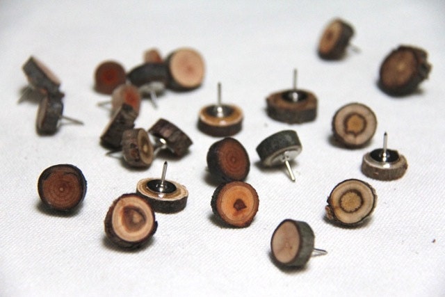 24 wood button thumb tacks - two dozen natural wood pushpins for your home or office