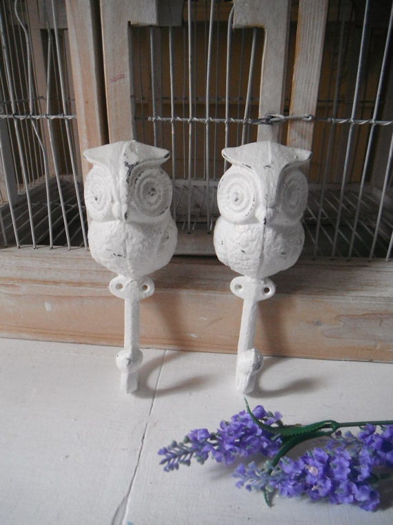 distressed coat hooks owls nursery decor jewelry holder cast iron  WHITE shabby chic whimsy display childrens room decor PAIR