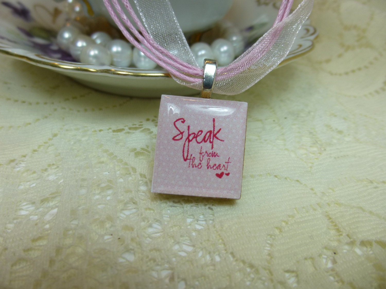 Speak From The Heart Pink Scrabble Tile Necklace on Ribbon or Ball Chain