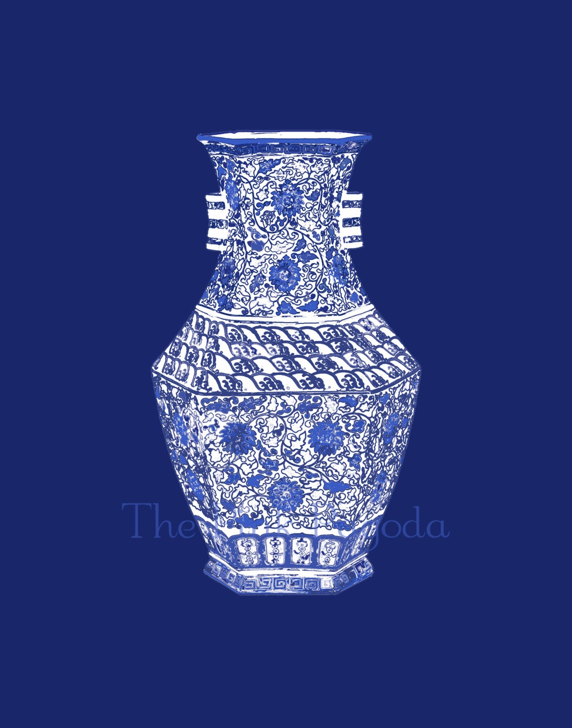Blue and White Chinese Vase on Navy 11x14 Giclee