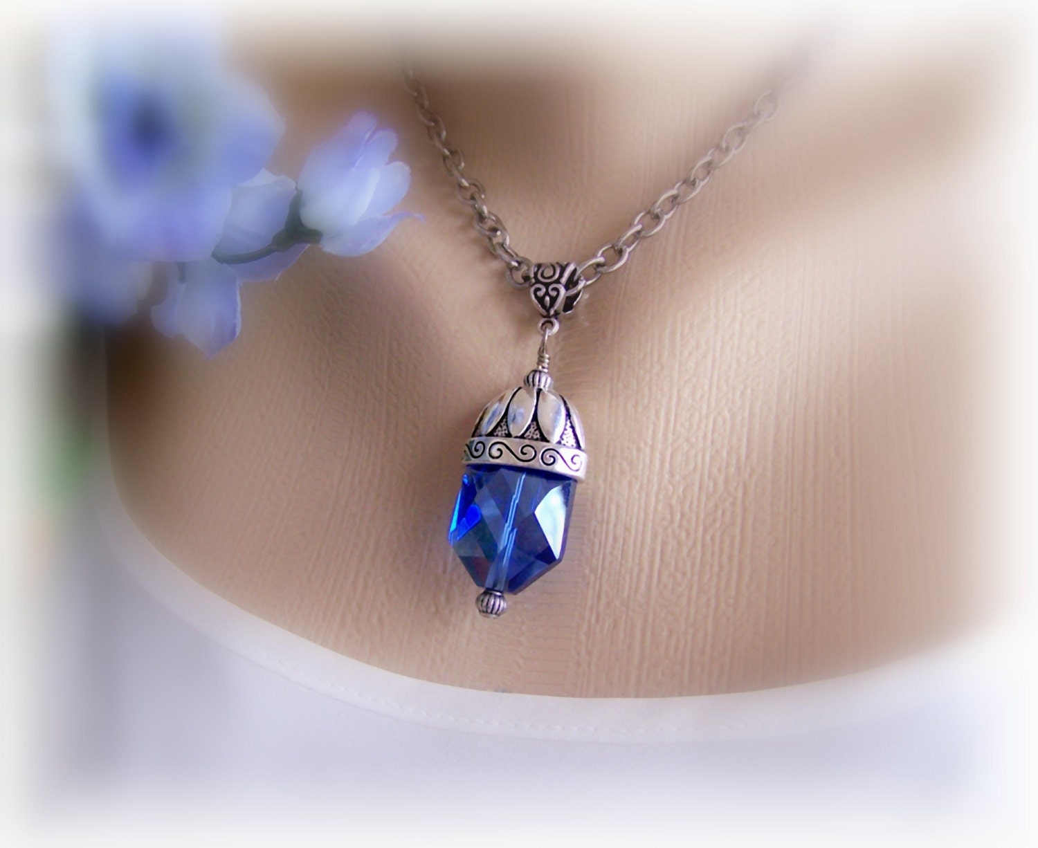 Sapphire Blue Crystal Necklace, Pendant Necklace, Birthstone Necklace, Statement Necklace, Birthday Gift, Anniversary Gift, Summer Trends