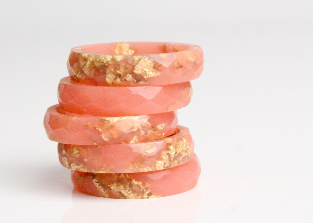 coral size 7.5 thin ring multifaceted eco resin ring with gold flakes