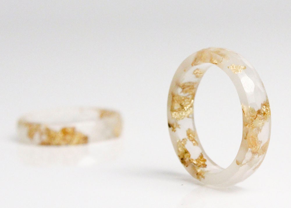 palest rose gold size 8 eco resin multifaceted ring with gold leaf flakes