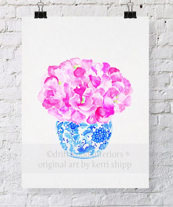 Blue and White Vase with Sweet Peas Watercolor Print 8x10 - "Sweet Peas in Vintage Blue" - Blue and White China Print - Ginger Jar