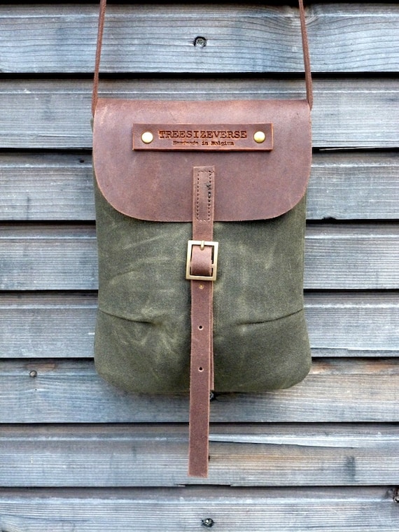 Waxed canvas day bag/small messenger bag with waxed brown leather strap,COLLECTION UNISEX