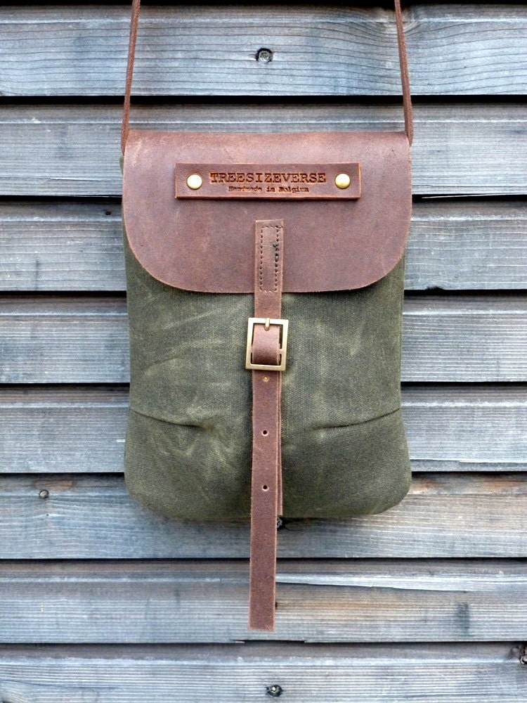 Waxed canvas day bag/small messenger bag with waxed brown leather strap,COLLECTION UNISEX